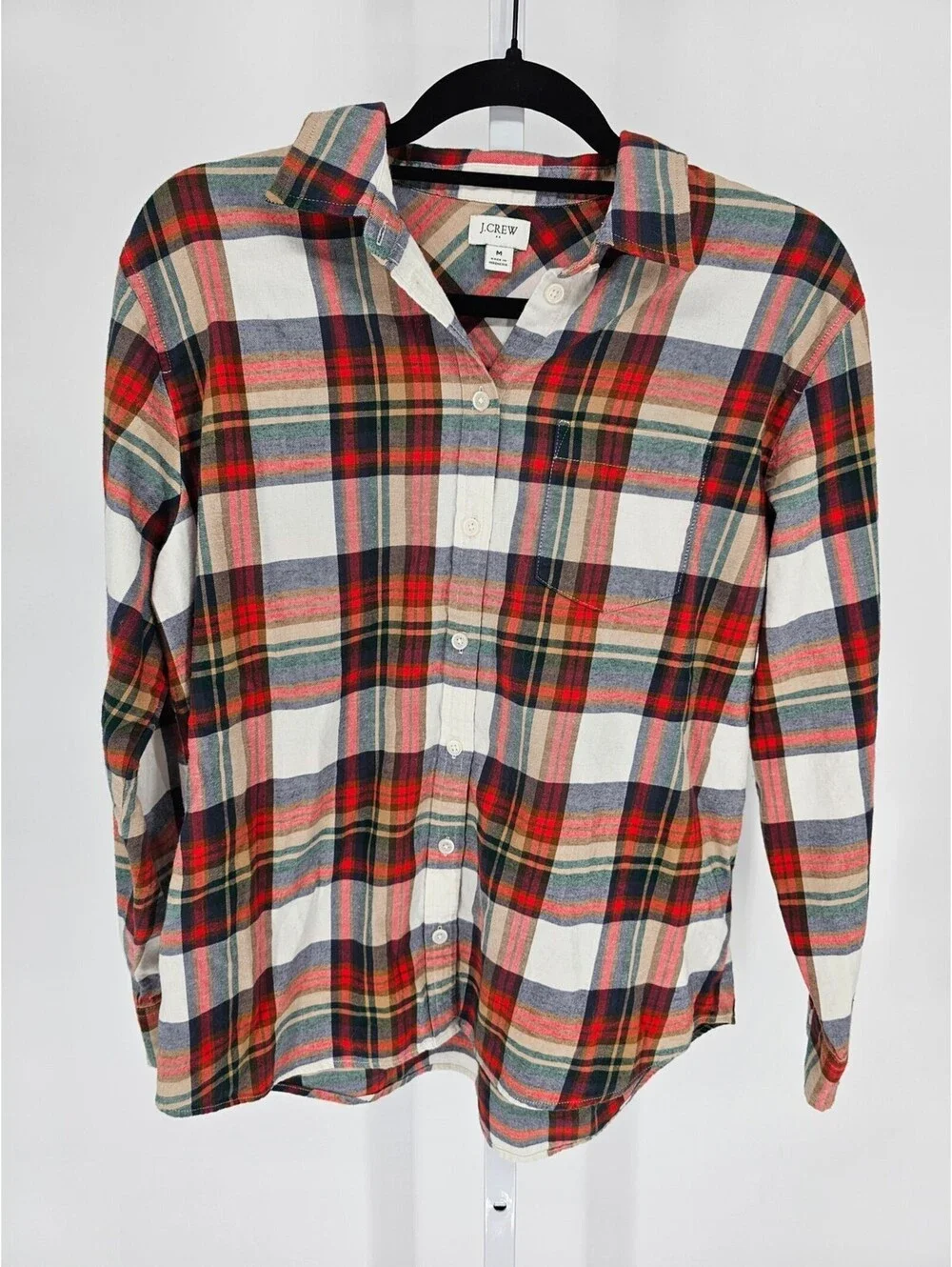 J Crew Womens Sz M Long Sleeve Button Up Plaid Flannel Shirt Red Brown White